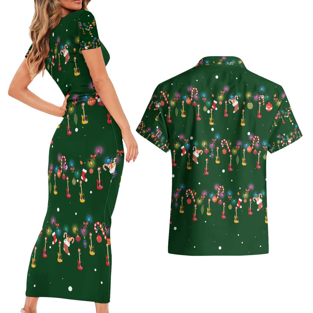 Ornaments on Green Snowy Background Couples Matching Short Sleeve Bodycon Dress and Hawaiian Shirt with Electric Guitars Santa Candy Canes - Wonder Print Shop