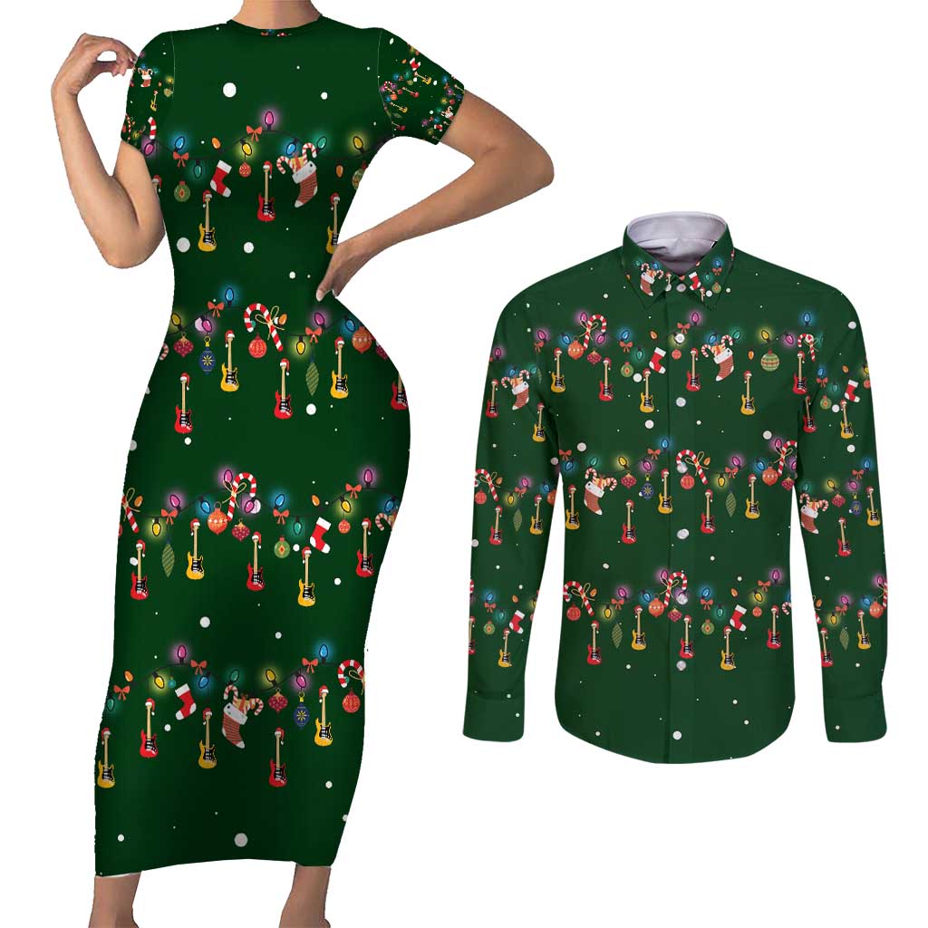 Ornaments on Green Snowy Background Couples Matching Short Sleeve Bodycon Dress and Long Sleeve Button Shirt with Electric Guitars Santa Candy Canes - Wonder Print Shop