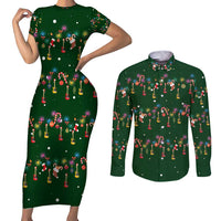 Ornaments on Green Snowy Background Couples Matching Short Sleeve Bodycon Dress and Long Sleeve Button Shirt with Electric Guitars Santa Candy Canes - Wonder Print Shop