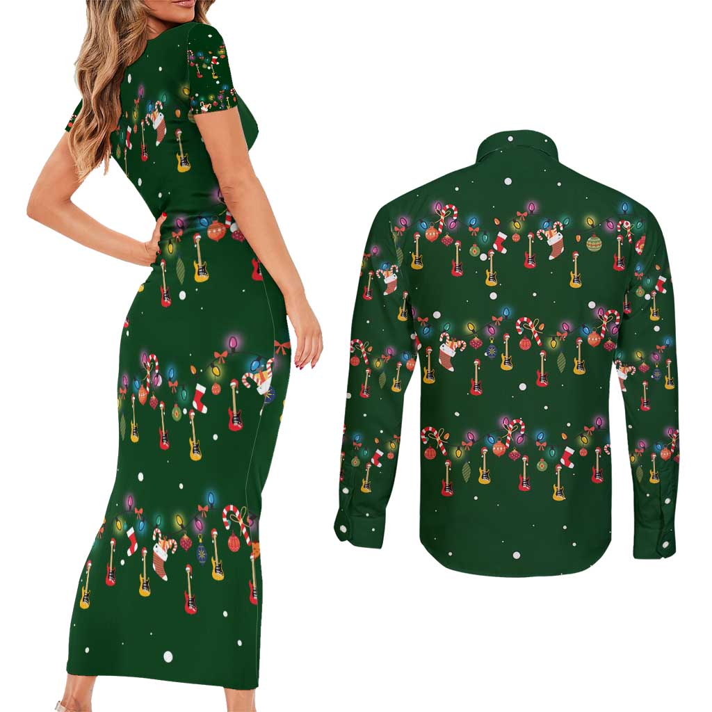 Ornaments on Green Snowy Background Couples Matching Short Sleeve Bodycon Dress and Long Sleeve Button Shirt with Electric Guitars Santa Candy Canes - Wonder Print Shop