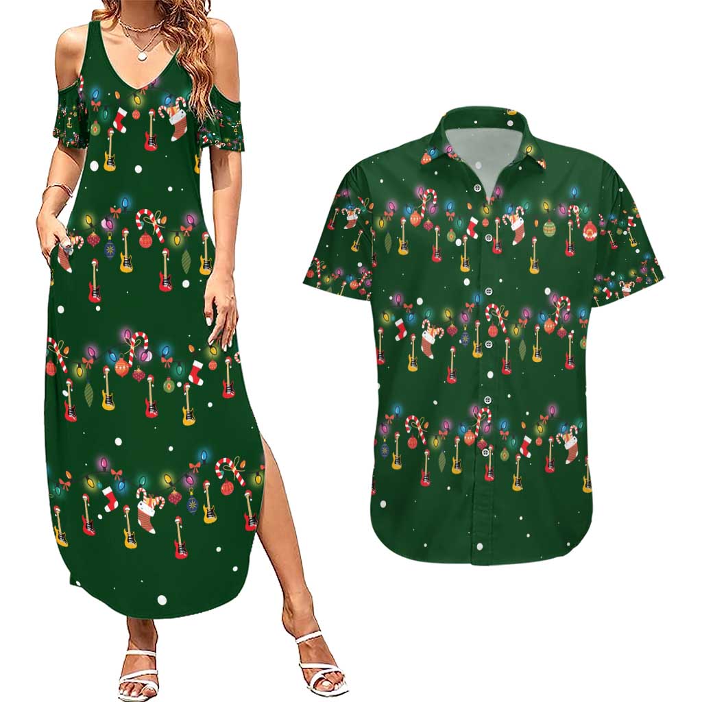 Ornaments on Green Snowy Background Couples Matching Summer Maxi Dress and Hawaiian Shirt with Electric Guitars Santa Candy Canes - Wonder Print Shop