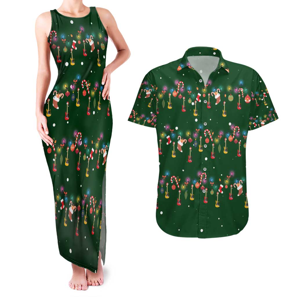 Ornaments on Green Snowy Background Couples Matching Tank Maxi Dress and Hawaiian Shirt with Electric Guitars Santa Candy Canes - Wonder Print Shop