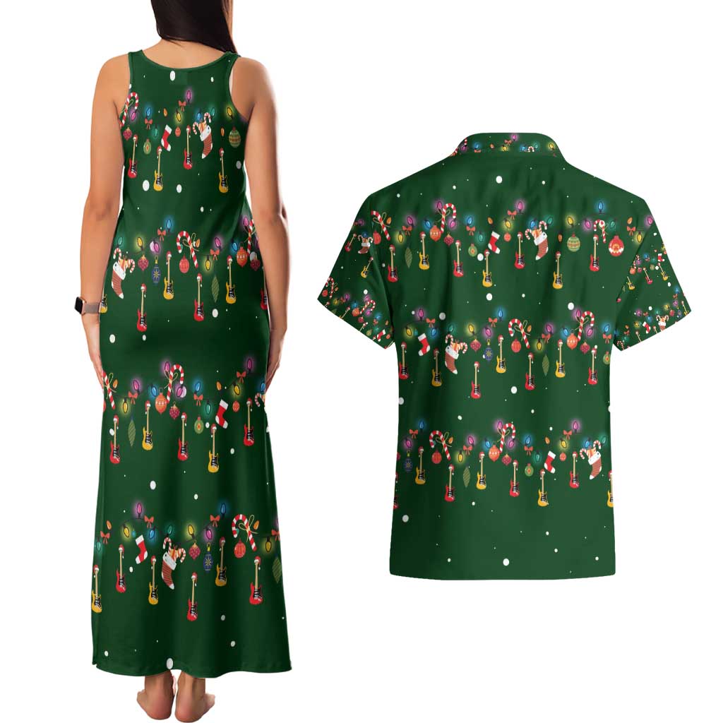 Ornaments on Green Snowy Background Couples Matching Tank Maxi Dress and Hawaiian Shirt with Electric Guitars Santa Candy Canes - Wonder Print Shop