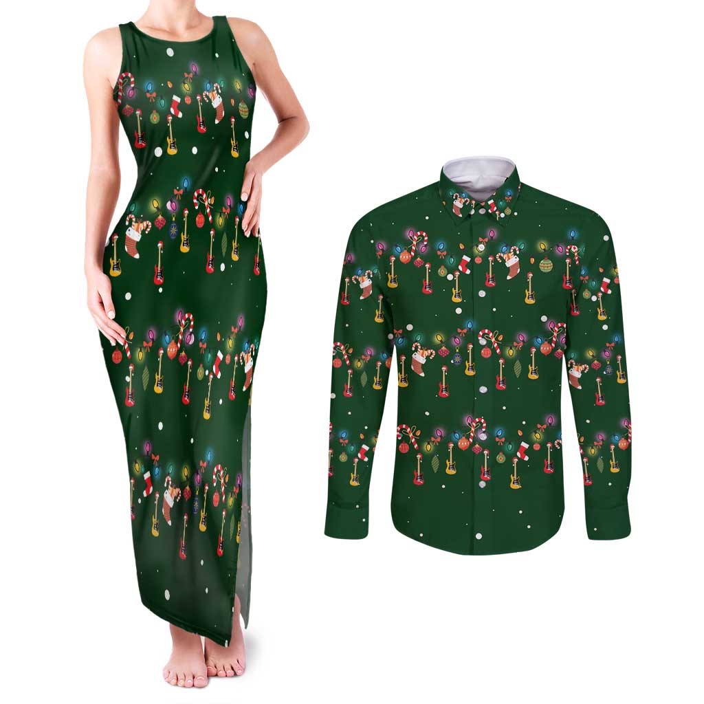 Ornaments on Green Snowy Background Couples Matching Tank Maxi Dress and Long Sleeve Button Shirt with Electric Guitars Santa Candy Canes - Wonder Print Shop