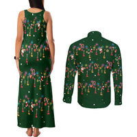 Ornaments on Green Snowy Background Couples Matching Tank Maxi Dress and Long Sleeve Button Shirt with Electric Guitars Santa Candy Canes - Wonder Print Shop