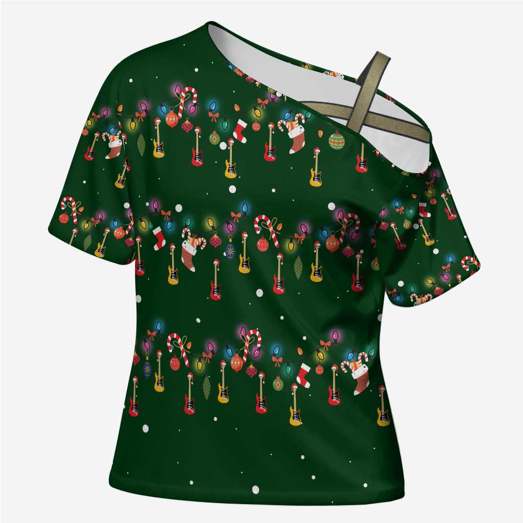 Ornaments on Green Snowy Background Cross Shoulder Shirt with Electric Guitars Santa Candy Canes - Wonder Print Shop