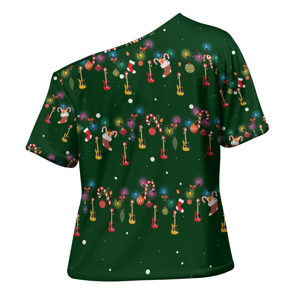 Ornaments on Green Snowy Background Cross Shoulder Shirt with Electric Guitars Santa Candy Canes - Wonder Print Shop