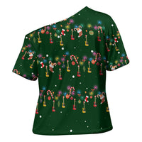 Ornaments on Green Snowy Background Cross Shoulder Shirt with Electric Guitars Santa Candy Canes - Wonder Print Shop