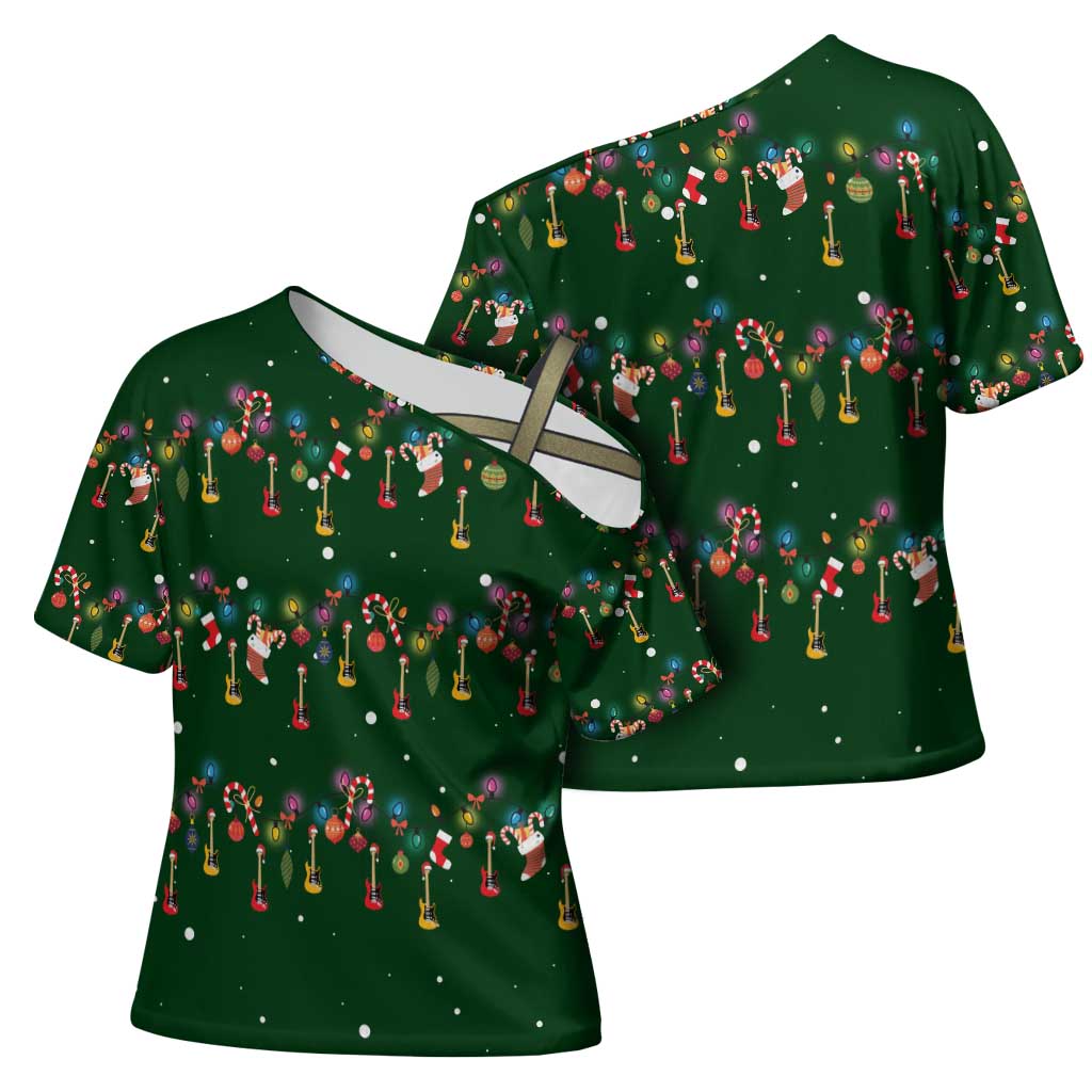 Ornaments on Green Snowy Background Cross Shoulder Shirt with Electric Guitars Santa Candy Canes - Wonder Print Shop