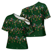 Ornaments on Green Snowy Background Cross Shoulder Shirt with Electric Guitars Santa Candy Canes - Wonder Print Shop