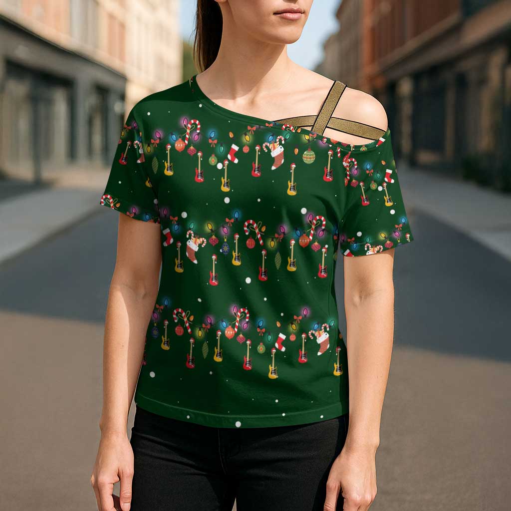 Ornaments on Green Snowy Background Cross Shoulder Shirt with Electric Guitars Santa Candy Canes - Wonder Print Shop