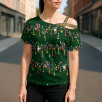 Ornaments on Green Snowy Background Cross Shoulder Shirt with Electric Guitars Santa Candy Canes - Wonder Print Shop