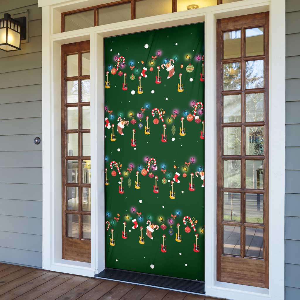 Ornaments on Green Snowy Background Door Cover with Electric Guitars Santa Candy Canes - Wonder Print Shop