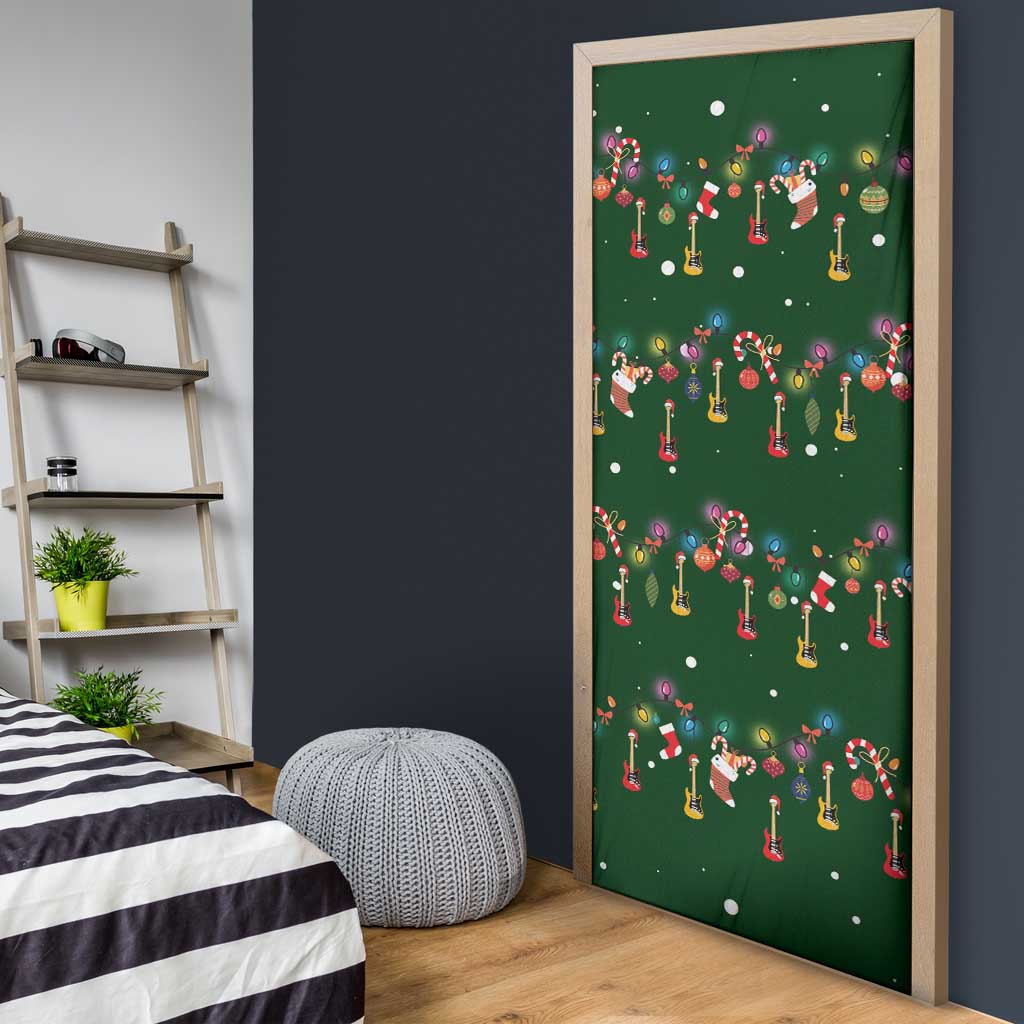 Ornaments on Green Snowy Background Door Cover with Electric Guitars Santa Candy Canes - Wonder Print Shop