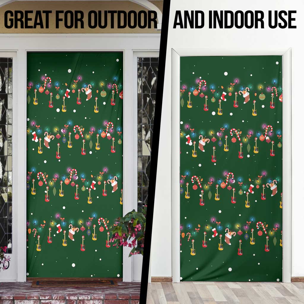 Ornaments on Green Snowy Background Door Cover with Electric Guitars Santa Candy Canes - Wonder Print Shop