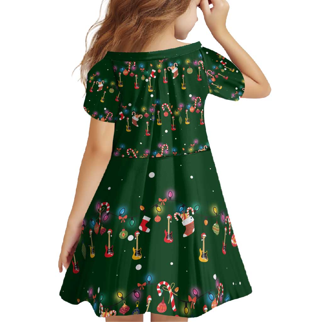 Ornaments on Green Snowy Background Family Matching Long Sleeve Bodycon Dress and Hawaiian Shirt with Electric Guitars Santa Candy Canes - Wonder Print Shop