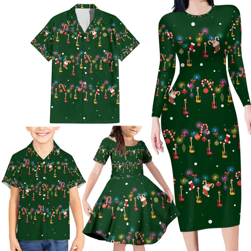 Ornaments on Green Snowy Background Family Matching Long Sleeve Bodycon Dress and Hawaiian Shirt with Electric Guitars Santa Candy Canes - Wonder Print Shop
