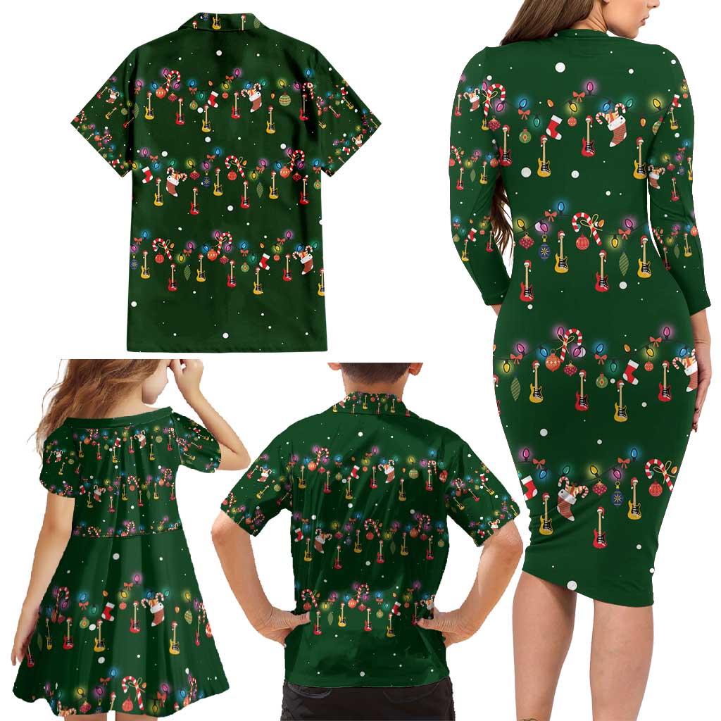 Ornaments on Green Snowy Background Family Matching Long Sleeve Bodycon Dress and Hawaiian Shirt with Electric Guitars Santa Candy Canes - Wonder Print Shop