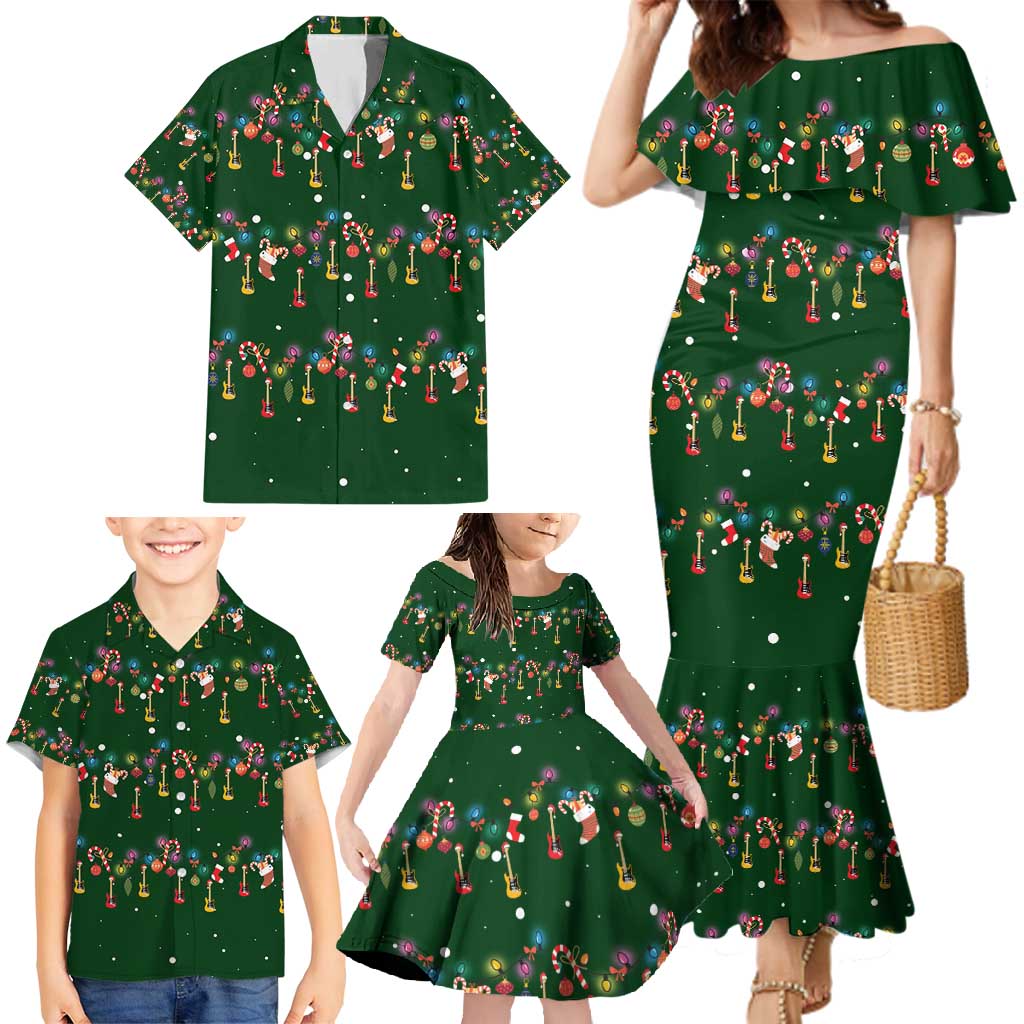 Ornaments on Green Snowy Background Family Matching Mermaid Dress and Hawaiian Shirt with Electric Guitars Santa Candy Canes - Wonder Print Shop