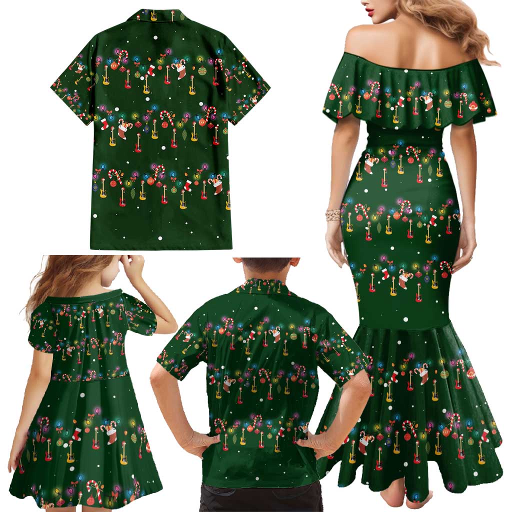 Ornaments on Green Snowy Background Family Matching Mermaid Dress and Hawaiian Shirt with Electric Guitars Santa Candy Canes - Wonder Print Shop