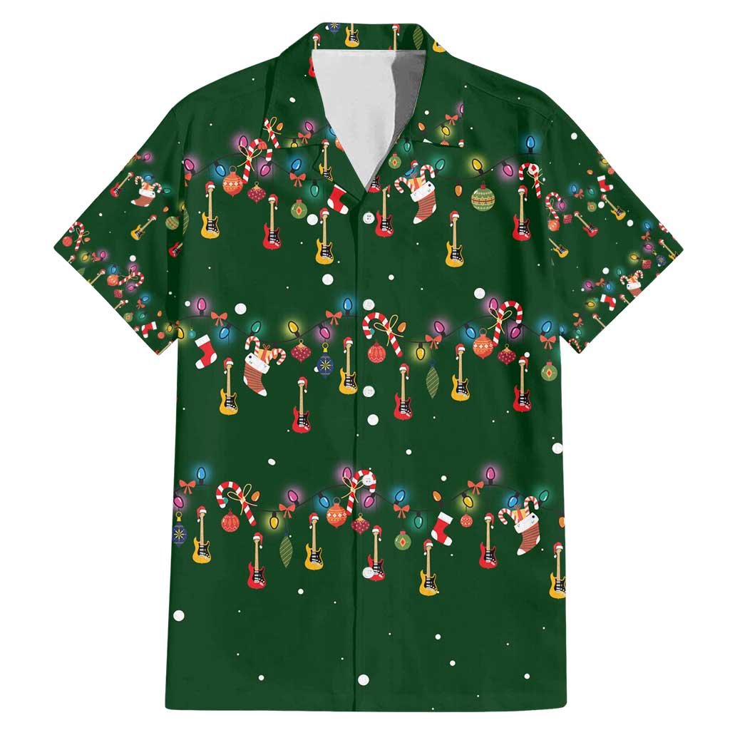 Ornaments on Green Snowy Background Family Matching Mermaid Dress and Hawaiian Shirt with Electric Guitars Santa Candy Canes - Wonder Print Shop