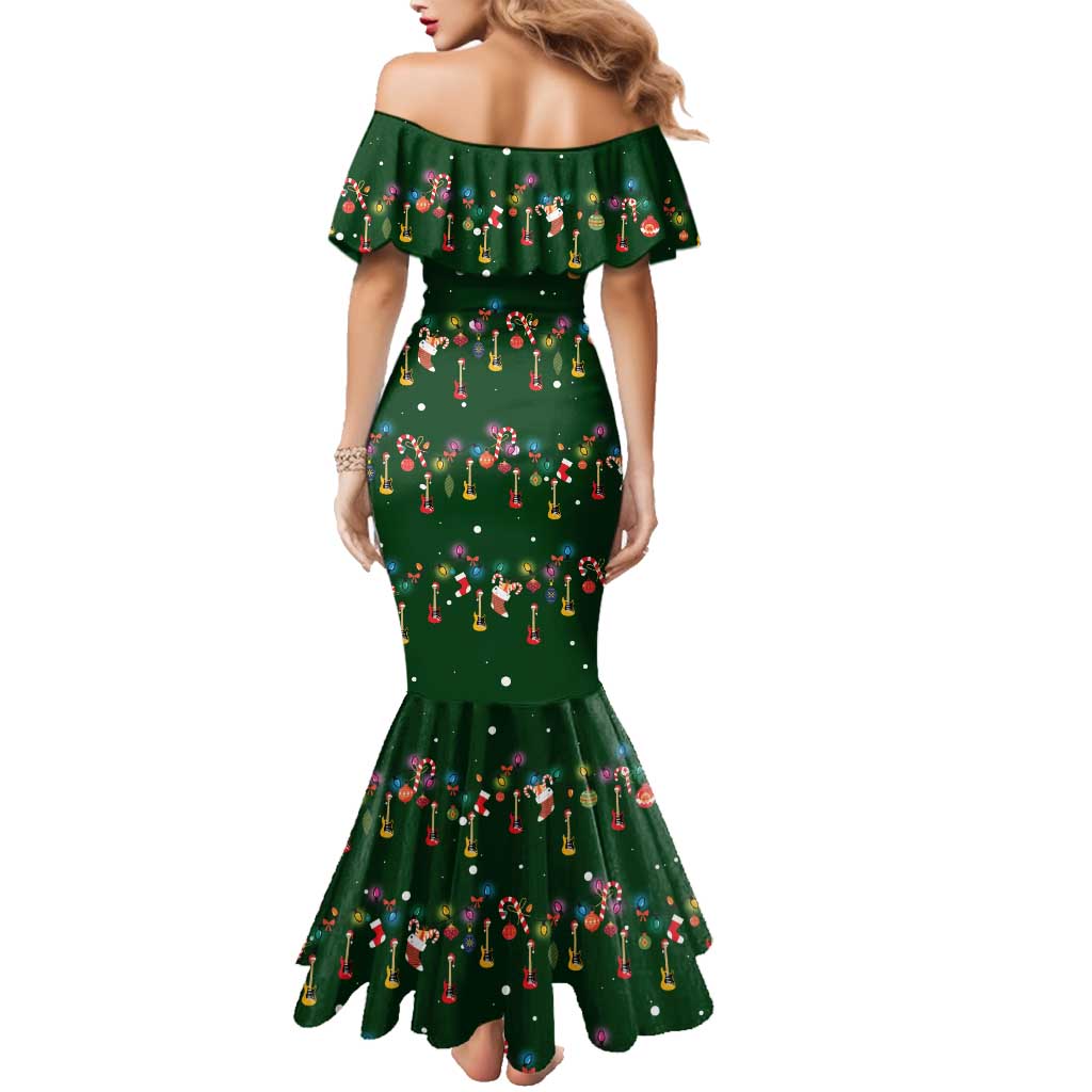 Ornaments on Green Snowy Background Family Matching Mermaid Dress and Hawaiian Shirt with Electric Guitars Santa Candy Canes - Wonder Print Shop