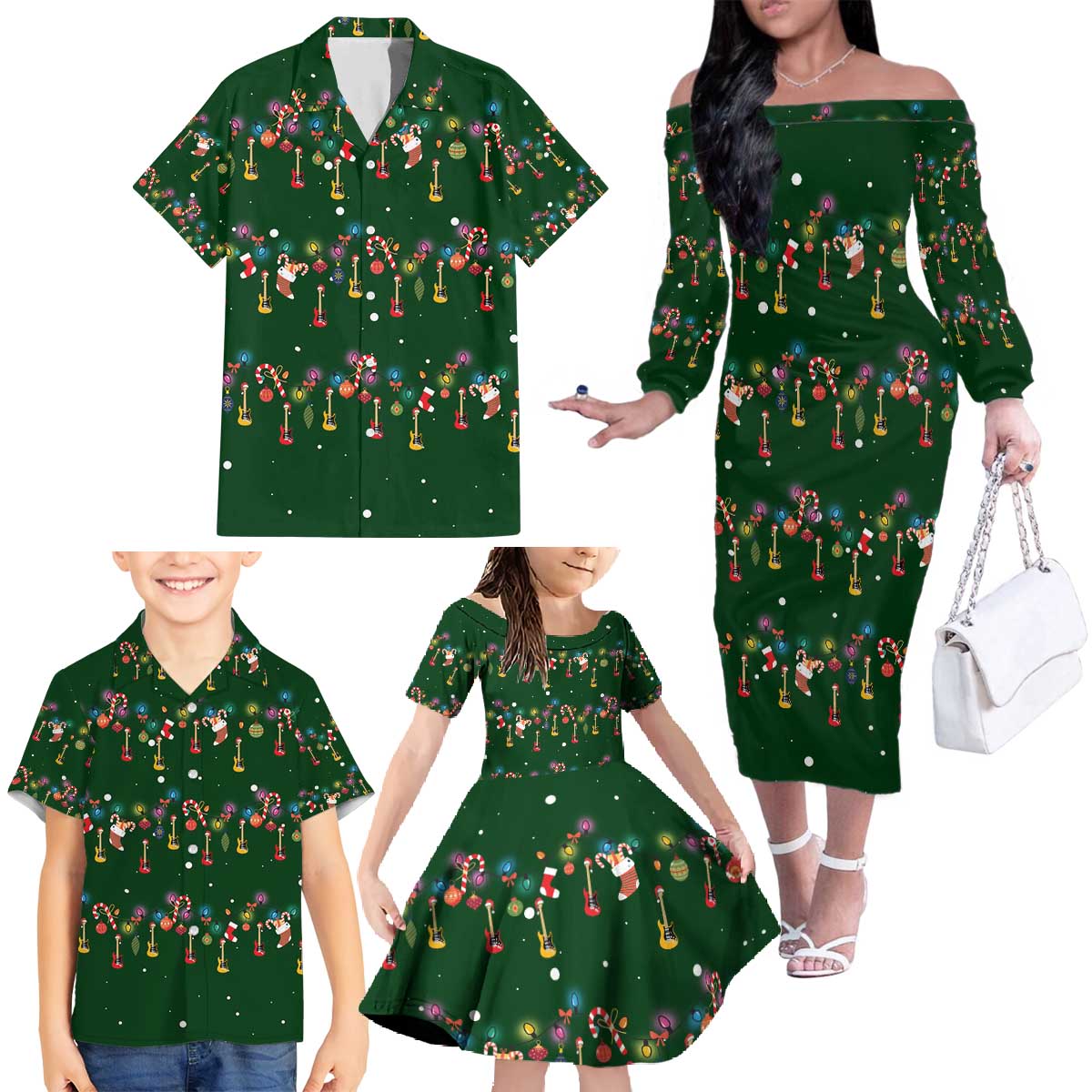 Ornaments on Green Snowy Background Family Matching Off The Shoulder Long Sleeve Dress and Hawaiian Shirt with Electric Guitars Santa Candy Canes - Wonder Print Shop