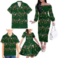 Ornaments on Green Snowy Background Family Matching Off The Shoulder Long Sleeve Dress and Hawaiian Shirt with Electric Guitars Santa Candy Canes - Wonder Print Shop