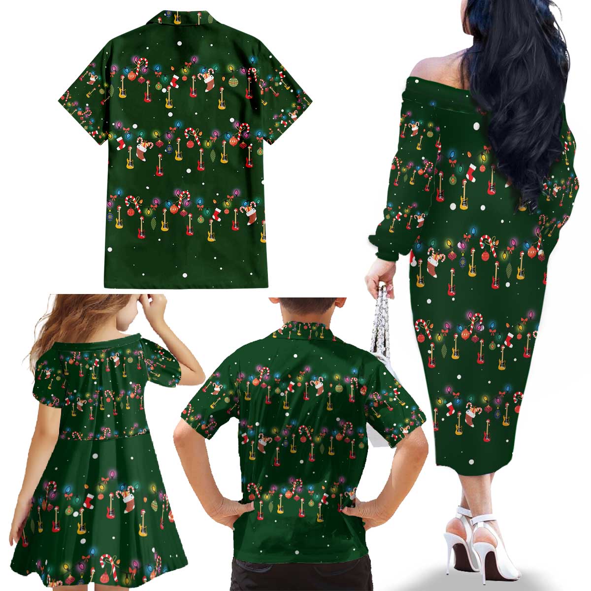 Ornaments on Green Snowy Background Family Matching Off The Shoulder Long Sleeve Dress and Hawaiian Shirt with Electric Guitars Santa Candy Canes - Wonder Print Shop