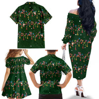 Ornaments on Green Snowy Background Family Matching Off The Shoulder Long Sleeve Dress and Hawaiian Shirt with Electric Guitars Santa Candy Canes - Wonder Print Shop