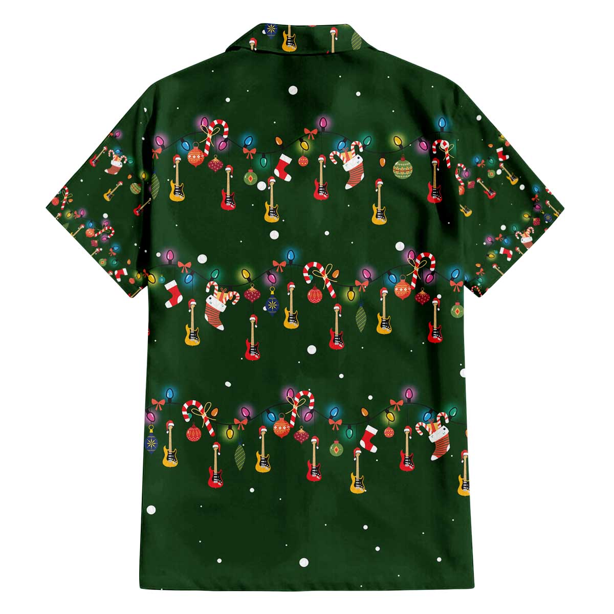 Ornaments on Green Snowy Background Family Matching Off The Shoulder Long Sleeve Dress and Hawaiian Shirt with Electric Guitars Santa Candy Canes - Wonder Print Shop