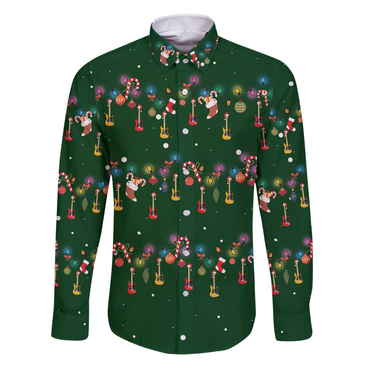 Ornaments on Green Snowy Background Family Matching Off The Shoulder Long Sleeve Dress and Hawaiian Shirt with Electric Guitars Santa Candy Canes - Wonder Print Shop