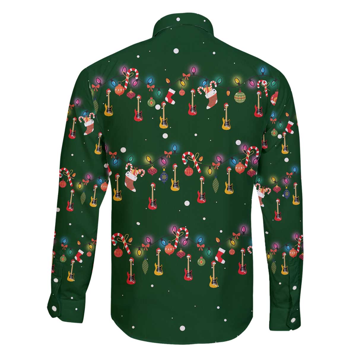 Ornaments on Green Snowy Background Family Matching Off The Shoulder Long Sleeve Dress and Hawaiian Shirt with Electric Guitars Santa Candy Canes - Wonder Print Shop