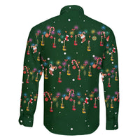 Ornaments on Green Snowy Background Family Matching Off The Shoulder Long Sleeve Dress and Hawaiian Shirt with Electric Guitars Santa Candy Canes - Wonder Print Shop