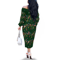 Ornaments on Green Snowy Background Family Matching Off The Shoulder Long Sleeve Dress and Hawaiian Shirt with Electric Guitars Santa Candy Canes - Wonder Print Shop