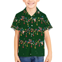 Ornaments on Green Snowy Background Family Matching Off The Shoulder Long Sleeve Dress and Hawaiian Shirt with Electric Guitars Santa Candy Canes - Wonder Print Shop