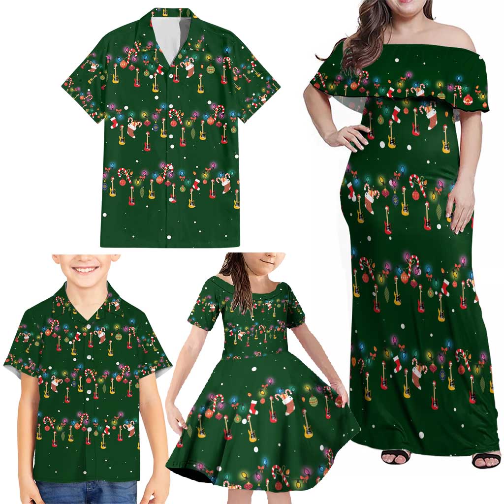 Ornaments on Green Snowy Background Family Matching Off Shoulder Maxi Dress and Hawaiian Shirt with Electric Guitars Santa Candy Canes - Wonder Print Shop