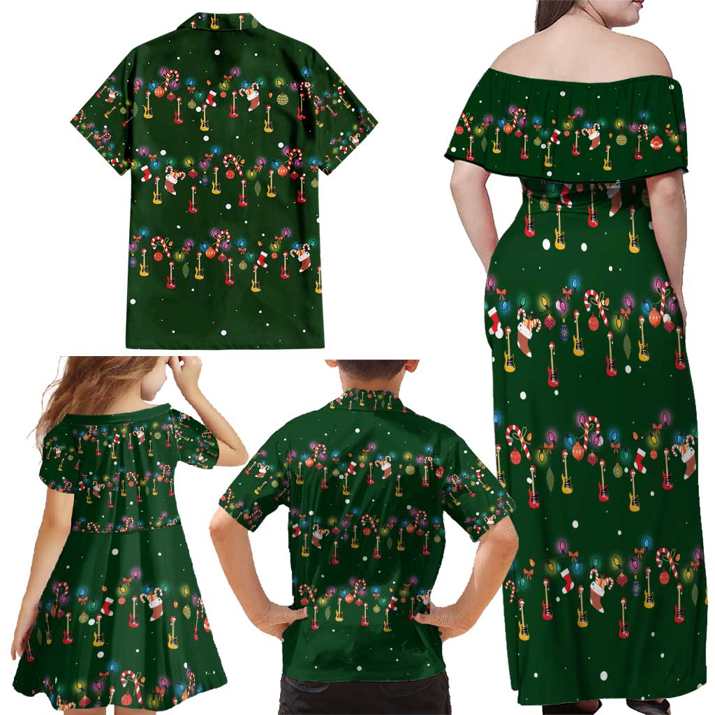 Ornaments on Green Snowy Background Family Matching Off Shoulder Maxi Dress and Hawaiian Shirt with Electric Guitars Santa Candy Canes - Wonder Print Shop
