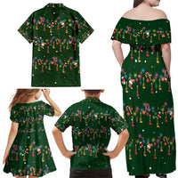 Ornaments on Green Snowy Background Family Matching Off Shoulder Maxi Dress and Hawaiian Shirt with Electric Guitars Santa Candy Canes - Wonder Print Shop