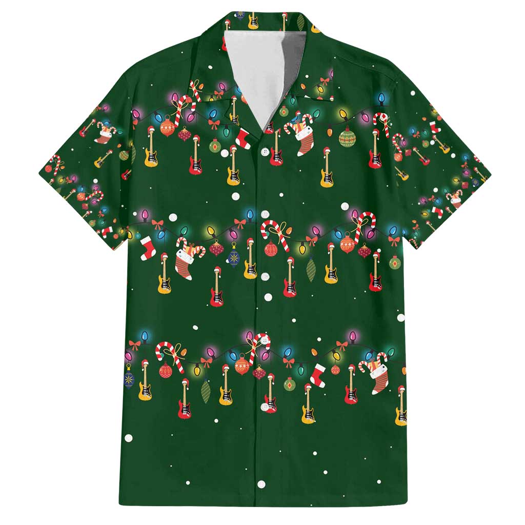 Ornaments on Green Snowy Background Family Matching Off Shoulder Maxi Dress and Hawaiian Shirt with Electric Guitars Santa Candy Canes - Wonder Print Shop