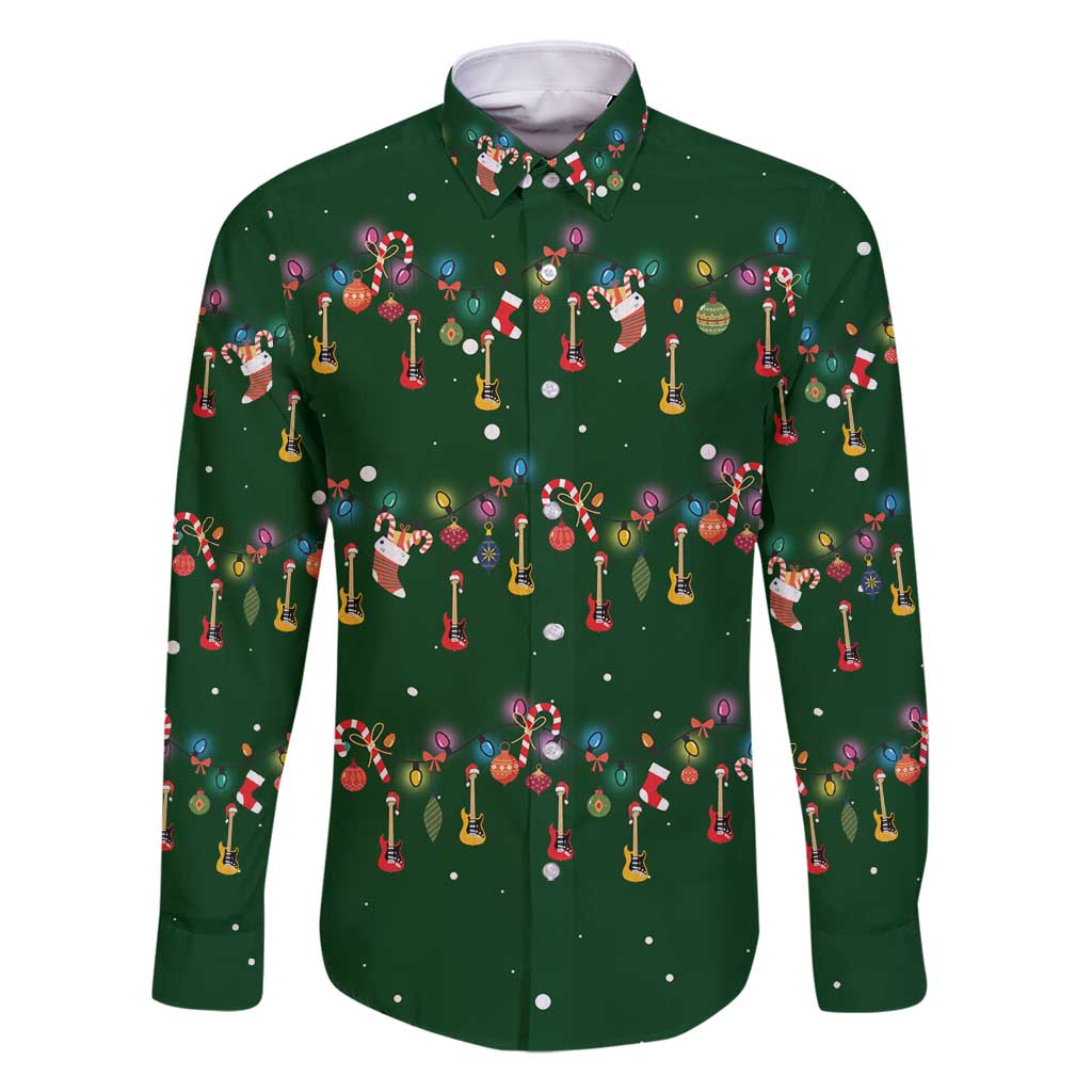 Ornaments on Green Snowy Background Family Matching Off Shoulder Maxi Dress and Hawaiian Shirt with Electric Guitars Santa Candy Canes - Wonder Print Shop