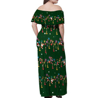 Ornaments on Green Snowy Background Family Matching Off Shoulder Maxi Dress and Hawaiian Shirt with Electric Guitars Santa Candy Canes - Wonder Print Shop
