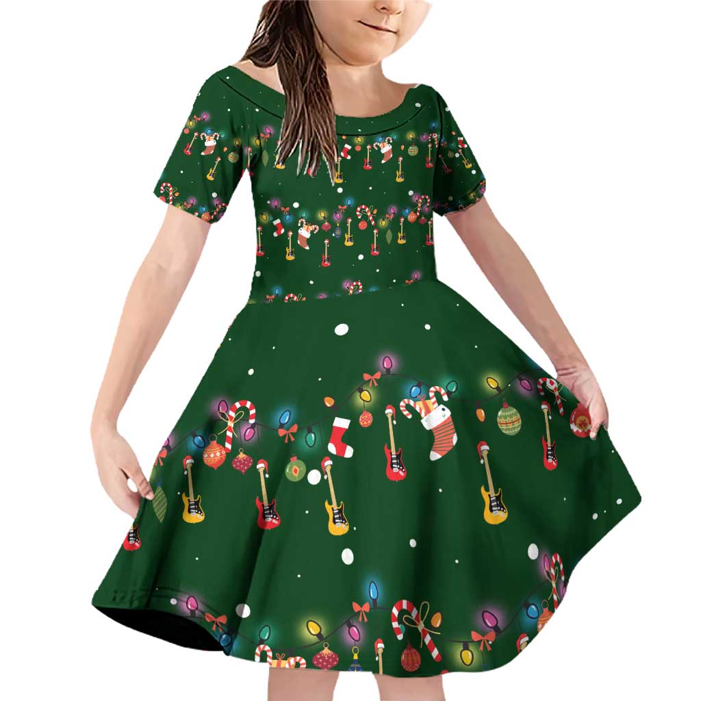 Ornaments on Green Snowy Background Family Matching Off Shoulder Short Dress and Hawaiian Shirt with Electric Guitars Santa Candy Canes - Wonder Print Shop