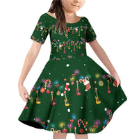 Ornaments on Green Snowy Background Family Matching Off Shoulder Short Dress and Hawaiian Shirt with Electric Guitars Santa Candy Canes - Wonder Print Shop