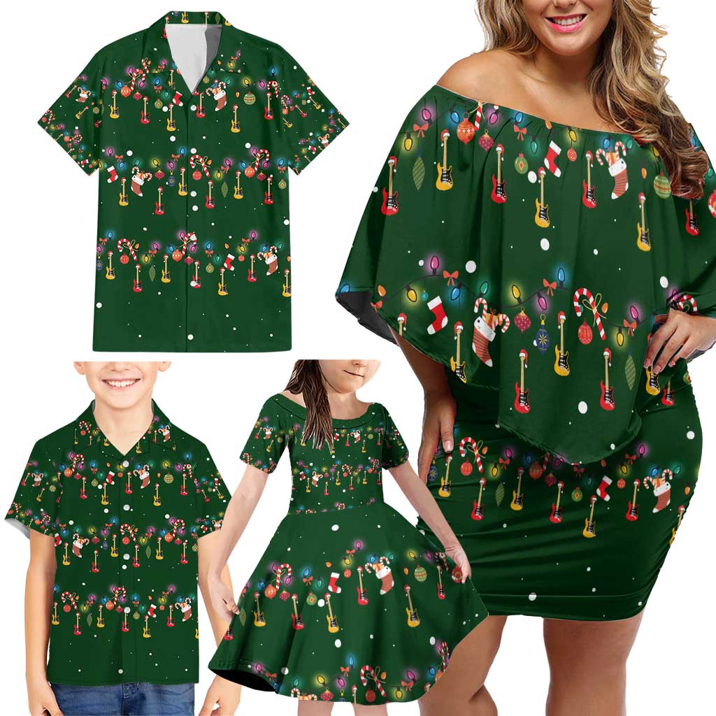 Ornaments on Green Snowy Background Family Matching Off Shoulder Short Dress and Hawaiian Shirt with Electric Guitars Santa Candy Canes - Wonder Print Shop