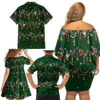 Ornaments on Green Snowy Background Family Matching Off Shoulder Short Dress and Hawaiian Shirt with Electric Guitars Santa Candy Canes - Wonder Print Shop