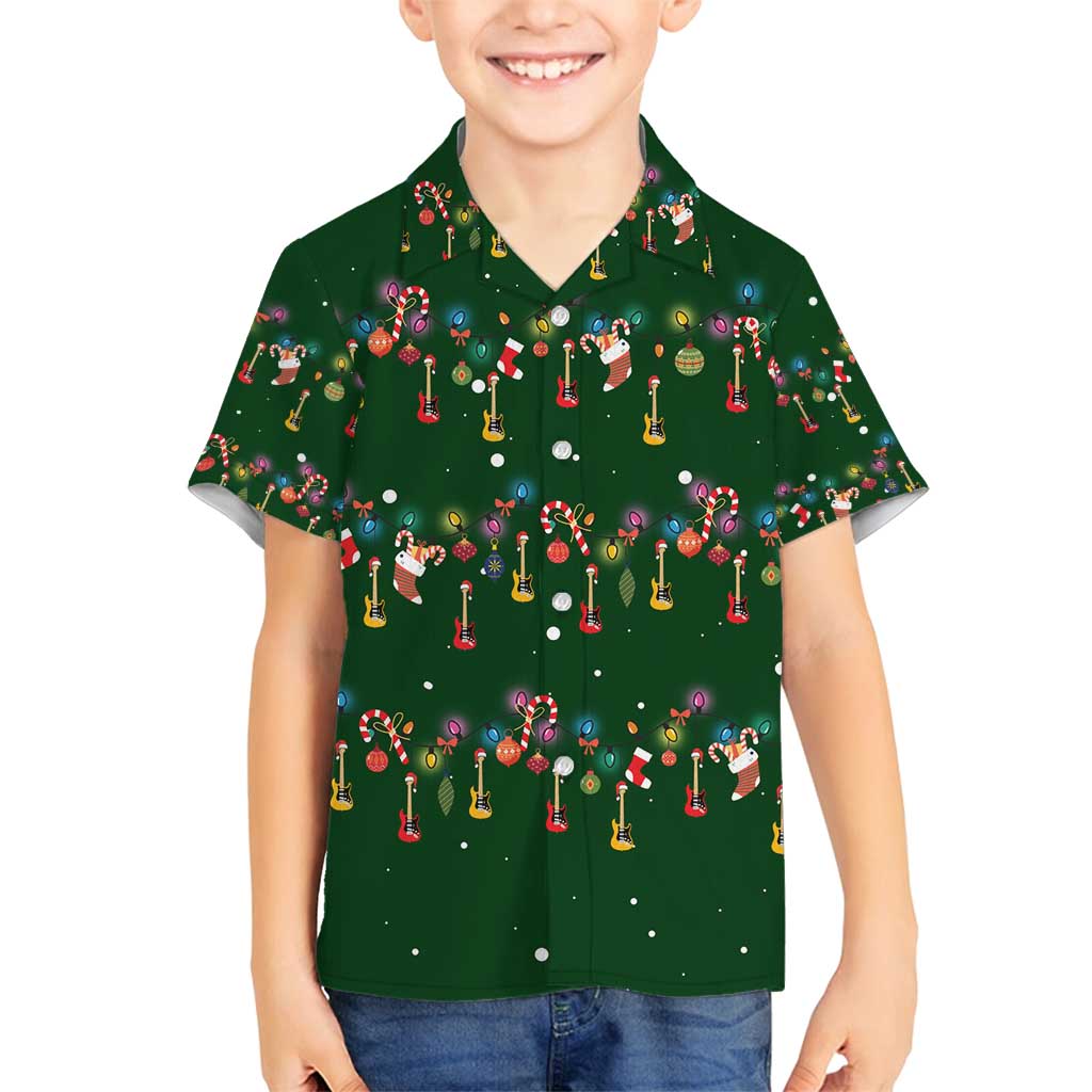 Ornaments on Green Snowy Background Family Matching Off Shoulder Short Dress and Hawaiian Shirt with Electric Guitars Santa Candy Canes - Wonder Print Shop