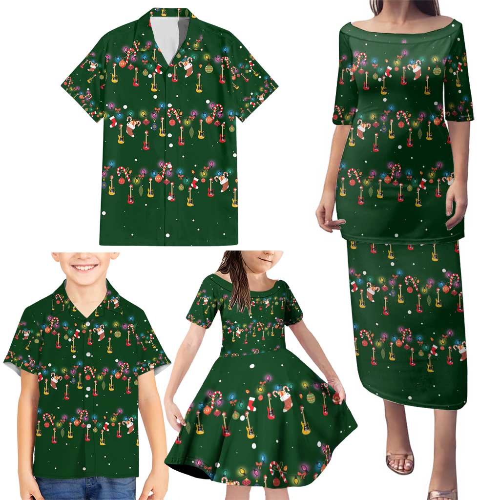 Ornaments on Green Snowy Background Family Matching Puletasi and Hawaiian Shirt with Electric Guitars Santa Candy Canes - Wonder Print Shop