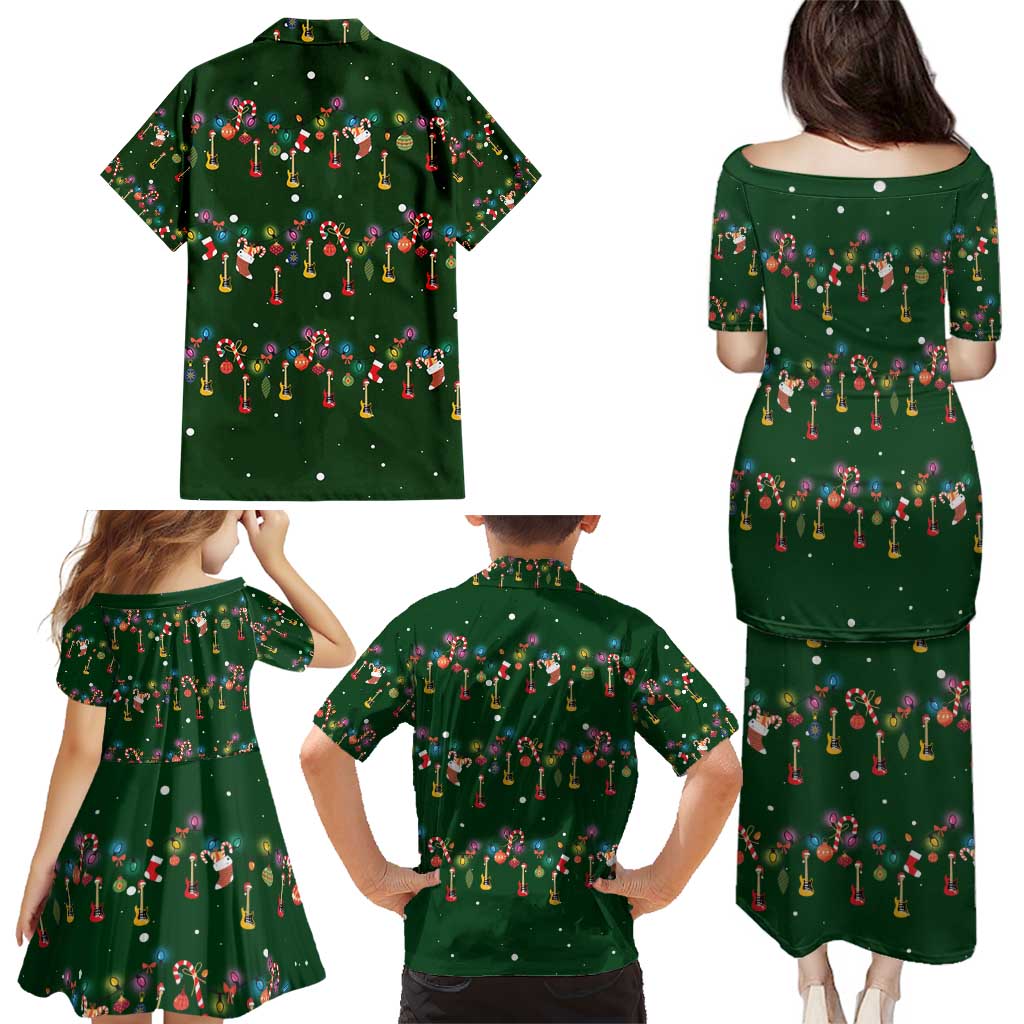 Ornaments on Green Snowy Background Family Matching Puletasi and Hawaiian Shirt with Electric Guitars Santa Candy Canes - Wonder Print Shop