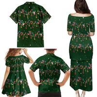 Ornaments on Green Snowy Background Family Matching Puletasi and Hawaiian Shirt with Electric Guitars Santa Candy Canes - Wonder Print Shop